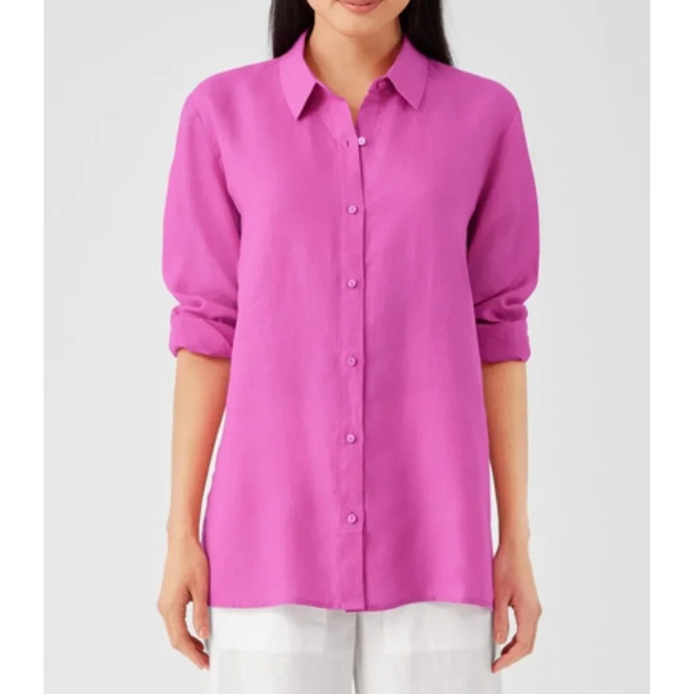 Eileen Fisher Organic Linen Button Down Shirt Medium Pink Long Sleeve Tunic Top